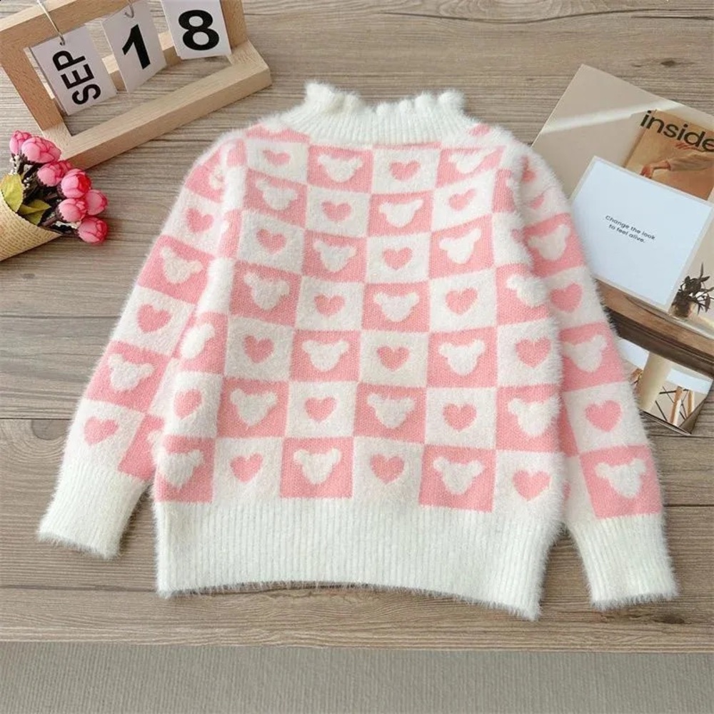 Pink Checkered Kids Sweater with Mouse
